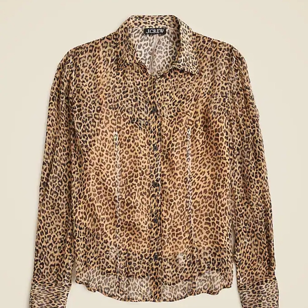 J. Crew Crinkled Chiffon Brown Leopard Button Down Shirt